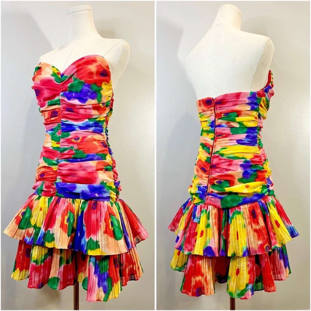 Vintage 1980s Rainbow Ruffle Dress Retro Event Dress Size Small